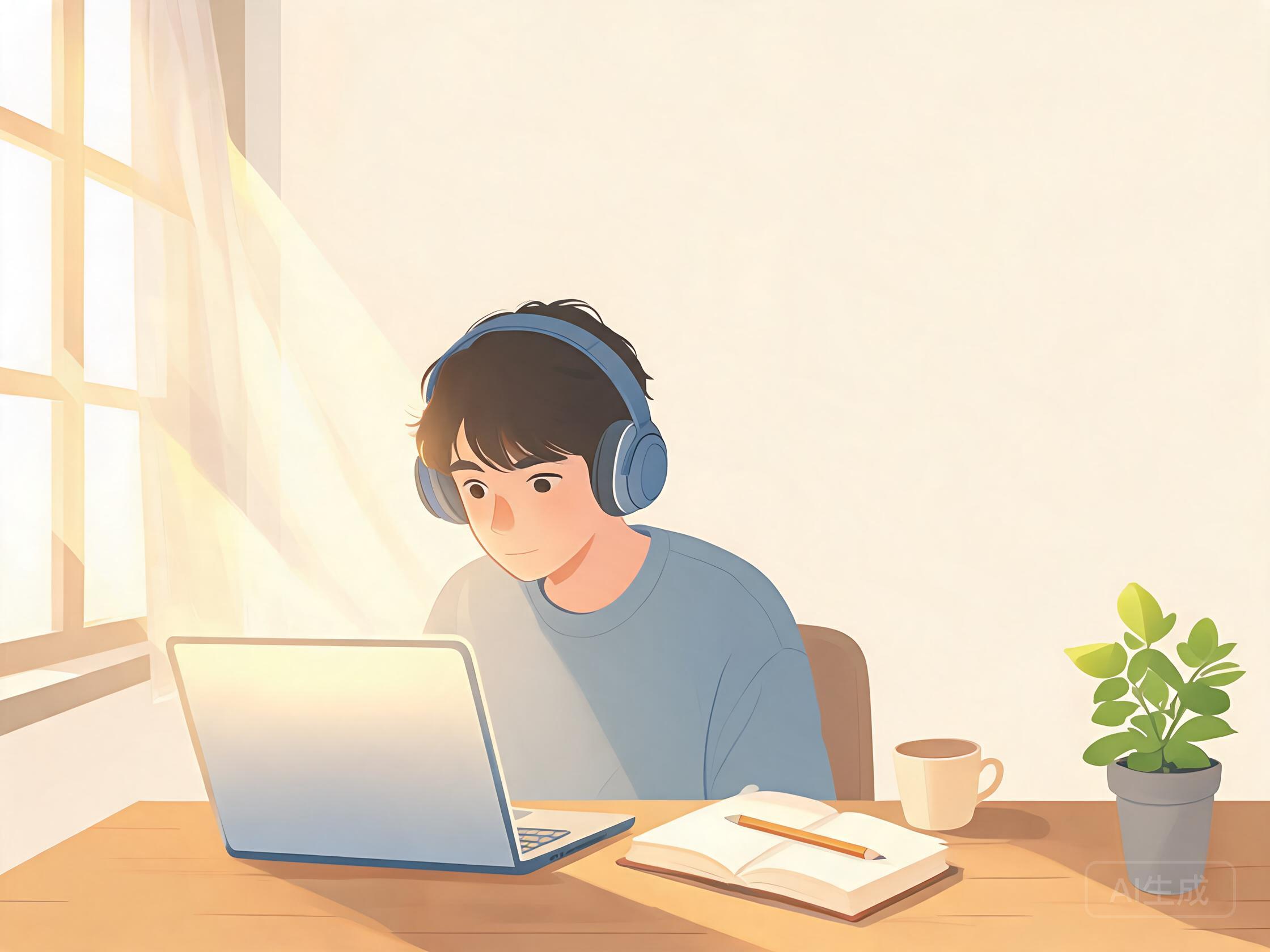 戴着耳机在窗边书桌前用笔记本电脑练习听写的学生插画